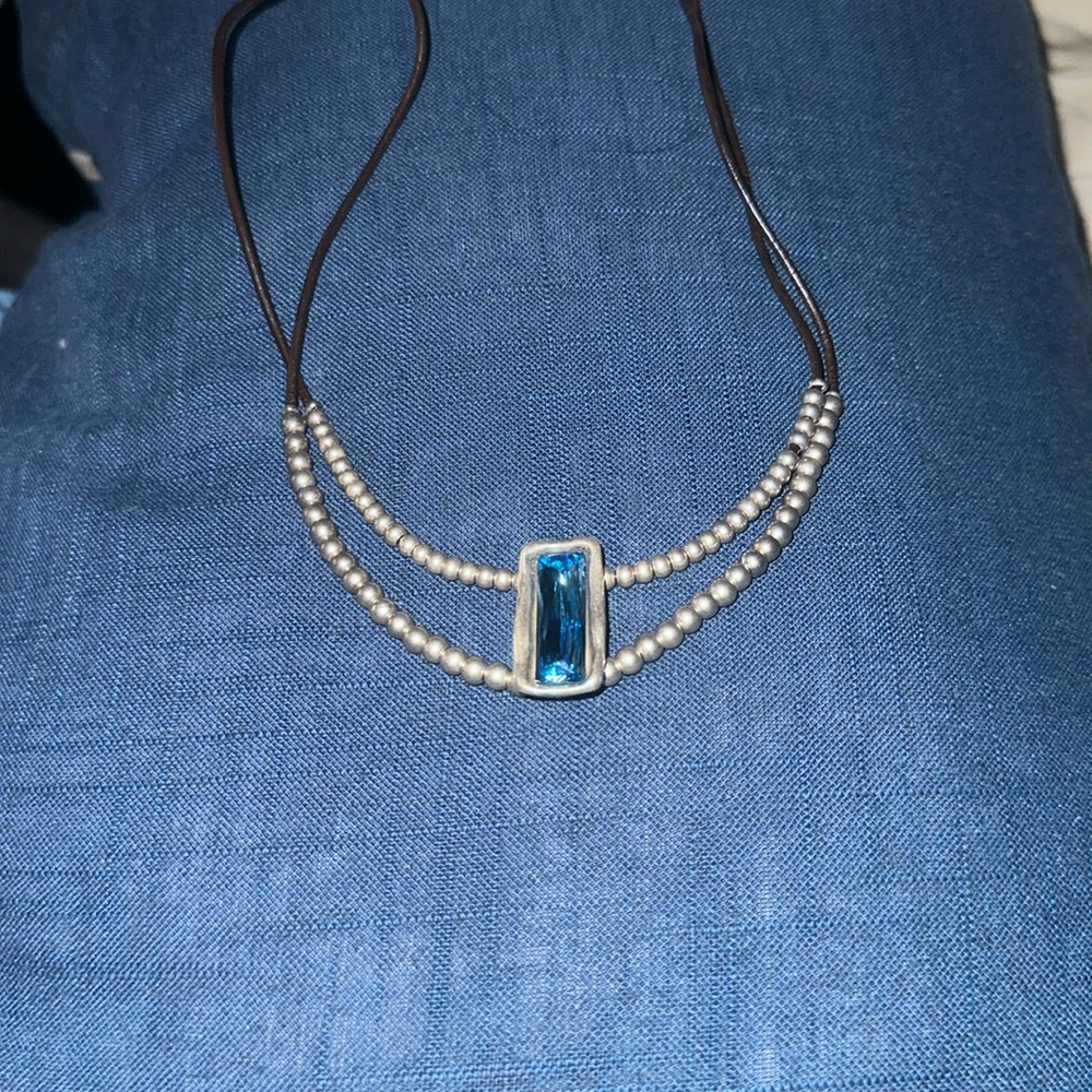Uno de 50 Necklace Double Beaded Strand Blue Swarovski Crystal Pendant 18"